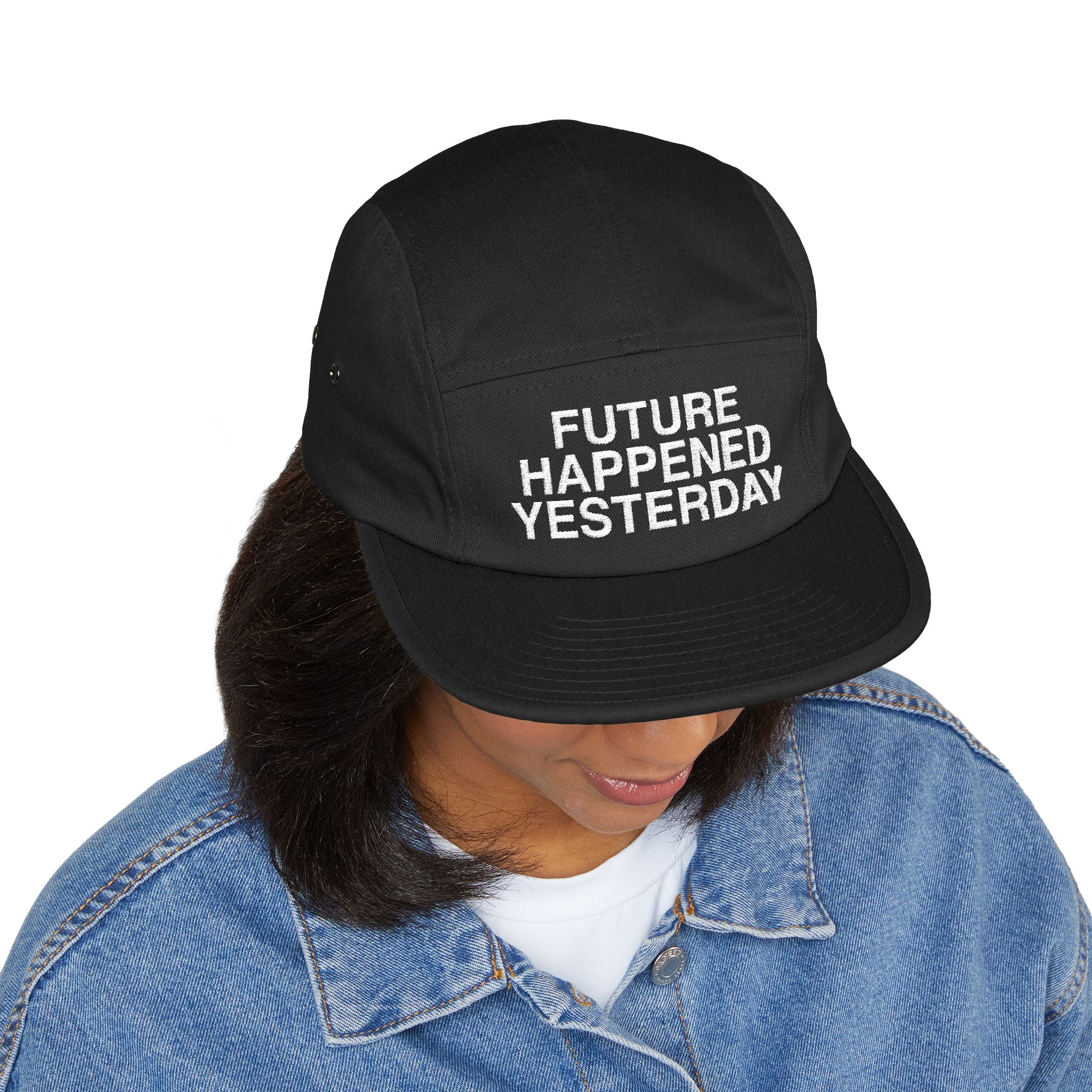 Camo 5-Panel Cap — Embroidered “Future Happened Yesterday”