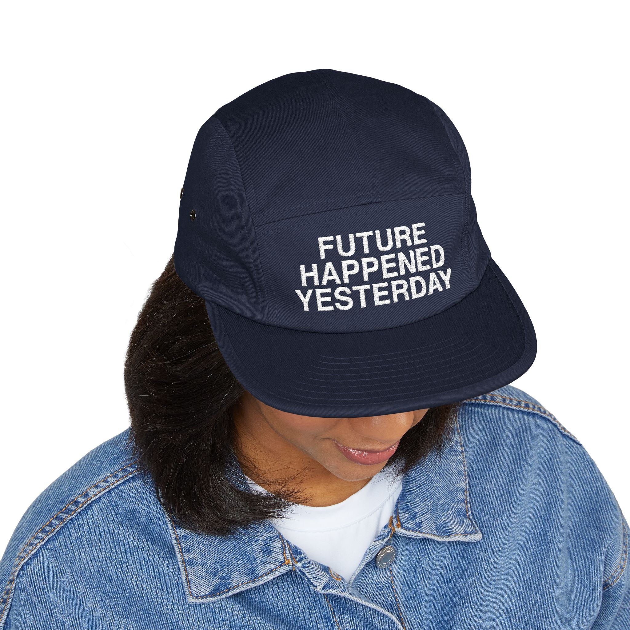 Camo 5-Panel Cap — Embroidered “Future Happened Yesterday”
